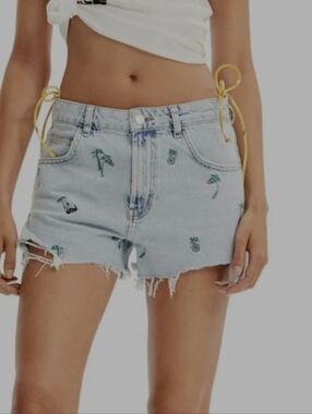 Desigual Light Blue Embroidered Tropical Denim Shorts